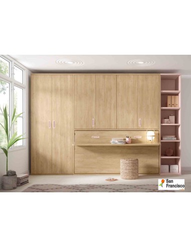 Cama abatible 105x200cm con armario superior y mesa abatible.