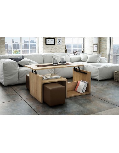8180A Mesa centro tapa elevable roble cambrian y moka. juego pouf opcional.