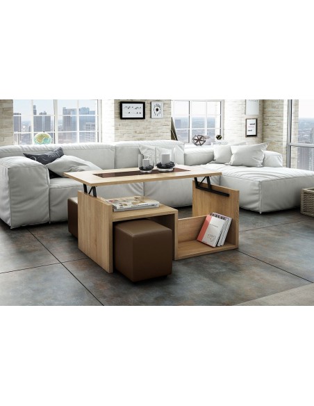 8180A Mesa centro tapa elevable roble cambrian y moka. juego pouf opcional.