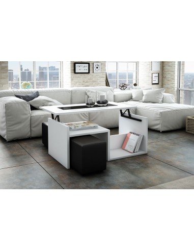 8181A Mesa de centro tapa elevable acabado Blanco y negro. Juego 2 pufs opcional.