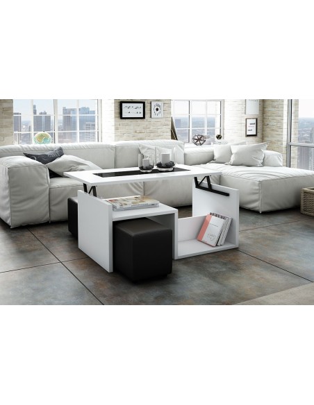 8181A Mesa de centro tapa elevable acabado Blanco y negro. Juego 2 pufs opcional.