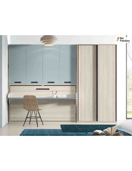 cama abatible con armario superior, mesa de estudio abatible y armario de puertas correderas opcional.
