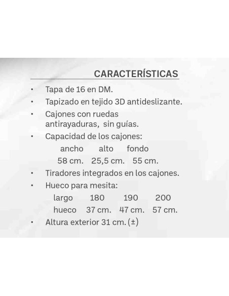 Base de canapé con 4 cajones con ruedas y hueco oculto, gran variedad de acabados a elegir y medidas. Transporte y montaje grati
