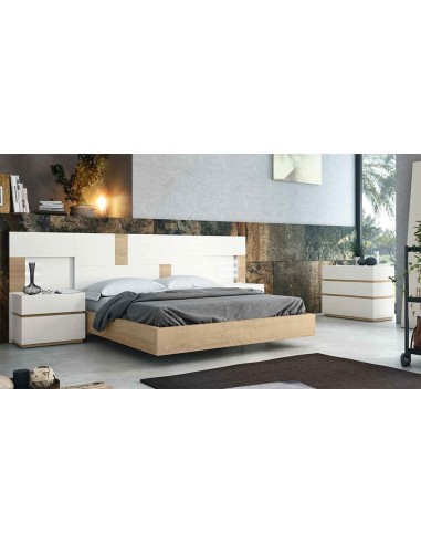 Dormitorio matrimonio compuesto por cabecero y dos mesitas. Acabado Blanco y Nórdico.
