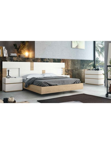 Dormitorio matrimonio compuesto por cabecero y dos mesitas. Acabado Blanco y Nórdico.