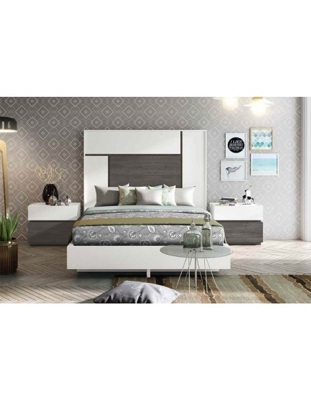 COMBINACIÓN "B". Dormitorio matrimonio compuesto por cabecero y dos mesitas 2 cajones. Acabado Blanco y Azabache.