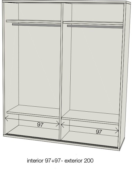 Armario 2 puertas correderas con banda de 200 cm. Detalle interior standard.