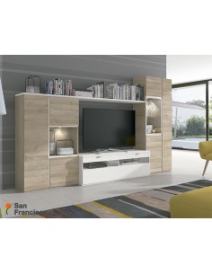 Apilable salón diseño moderno económico de 315cm. Acabado Natural y Blanco poro. Iluminación LED opcional.