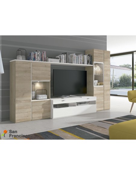 Apilable salón diseño moderno económico de 315cm. Acabado Natural y Blanco poro. Iluminación LED opcional.