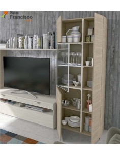 Apilable salón diseño moderno económico de 315cm. Acabado Natural y Blanco poro. Iluminación LED opcional. 2
