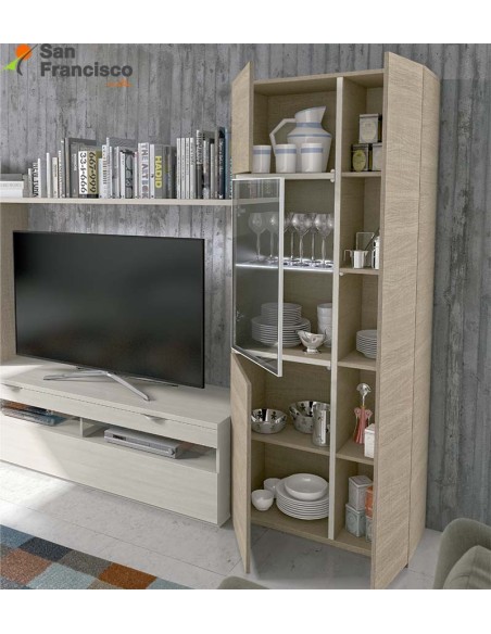 Apilable salón diseño moderno económico de 315cm. Acabado Natural y Blanco poro. Iluminación LED opcional.