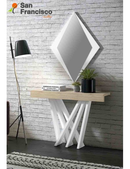 Recibidor económico diseño moderno balda y patas cruzadas. Acabado Roble Aurora y patas Blanco roto.