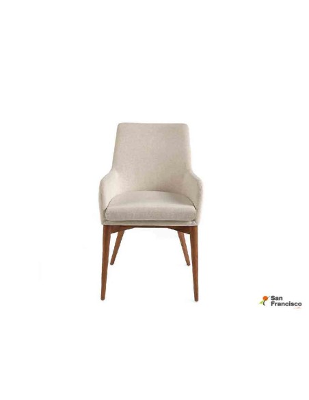 Sillón tapizado en Polipiel Blanca y patas Nogal