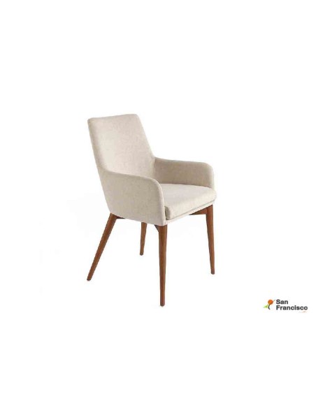 Sillón tapizado en Polipiel Blanca y patas Nogal