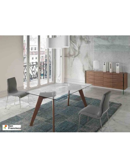 Mesa de cristal y Nogal fija de 160 x 95 cm