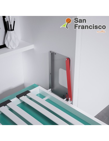 Cama abatible horizontal 90X190cm con armario superior y escritorio. Económica. DETALLE SISTEMA DE SEGURIDAD.