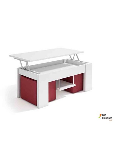Mesa de centro elevable de 100x50cm con 2 pouff , revistero. Tapa de madera Lisa