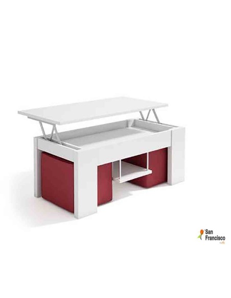 Mesa de centro elevable de 100x50cm con 2 pouff , revistero. Tapa de madera Lisa