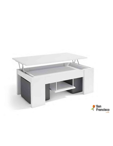 Mesa de centro elevable de 110x60cm con tapa lisa y 2 pouf