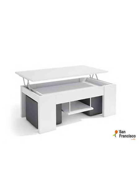 Mesa de centro elevable de 110x60cm con tapa lisa y 2 pouf