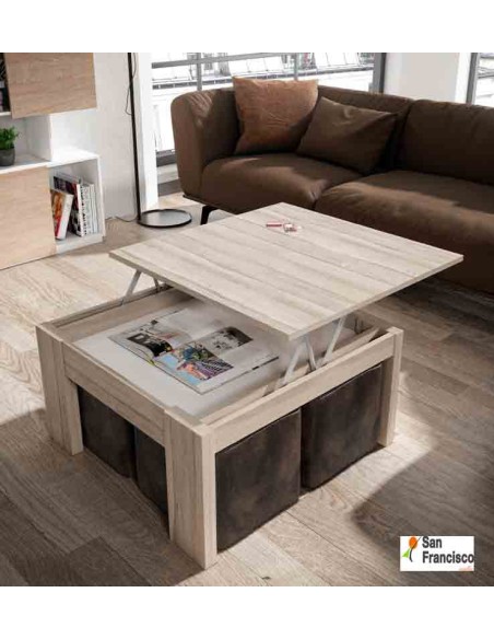 mesa de centro cuadrada 80x80cm elevable con 4 puffs
