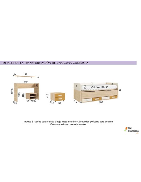 Cuna Convertible con Compacto de cama 90x180cm Lacada
